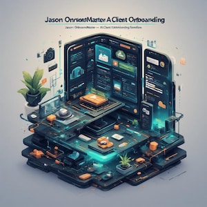 Può includere: Una rappresentazione artistica di un'interfaccia digitale con il testo "Jason OnboardMaster A Client Onboarding". L'immagine presenta un design a strati con schermi, piante e accenti blu e arancioni luminosi, suggerendo un tema tecnologico o software.