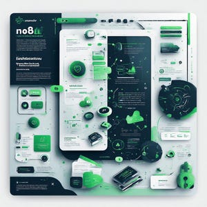 May include: A digital graphic with a dark teal and white color scheme. The design features various icons, charts, and text elements, including the text "no8". Green accents highlight key information and design elements, creating a modern and informative layout.