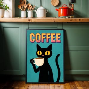 Vintage Coffee Cat Print, Retro Black Cat Wall Art, Funny Coffee Lover Poster, Mid Century Kitchen & Cafe Decor