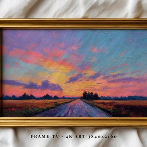 Könnte beinhalten: Gerahmtes Landschaftsgemälde mit einer lebendigen Sonnenuntergangsszene. Das Kunstwerk zeigt eine Straße, die unter einem Himmel aus rosa, orange und blauen Farbtönen zum Horizont führt. Der Rahmen ist goldfarben, mit Text "FRAME TV - 4K ART 3840x2160".