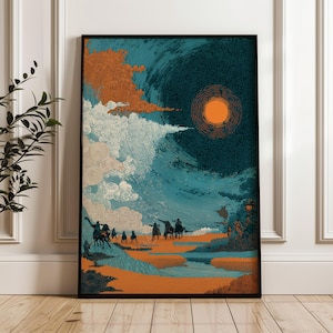 Könnte beinhalten: Gerahmter Kunstdruck, der eine stilisierte Landschaft mit Reitern auf Pferden zeigt. Das Kunstwerk verwendet eine lebendige Farbpalette aus Orange, Teal und Weiß, mit einer großen orangefarbenen Sonne am Himmel. Der Druck ist in einem schwarzen Rahmen gerahmt.