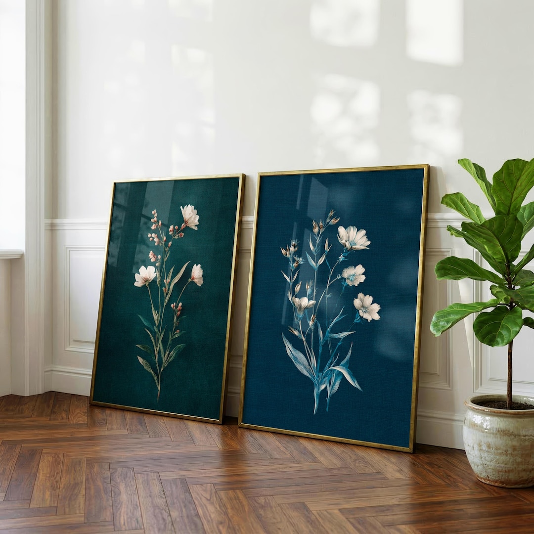 Vintage Botanical Wall Art Set of 2, Teal Green Floral Prints,antique ...