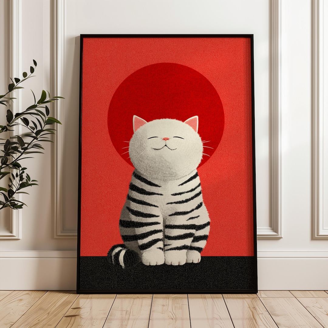 Japanese Cat Wall Art Poster – Cute Cat Illustration Print, Red Sun ...