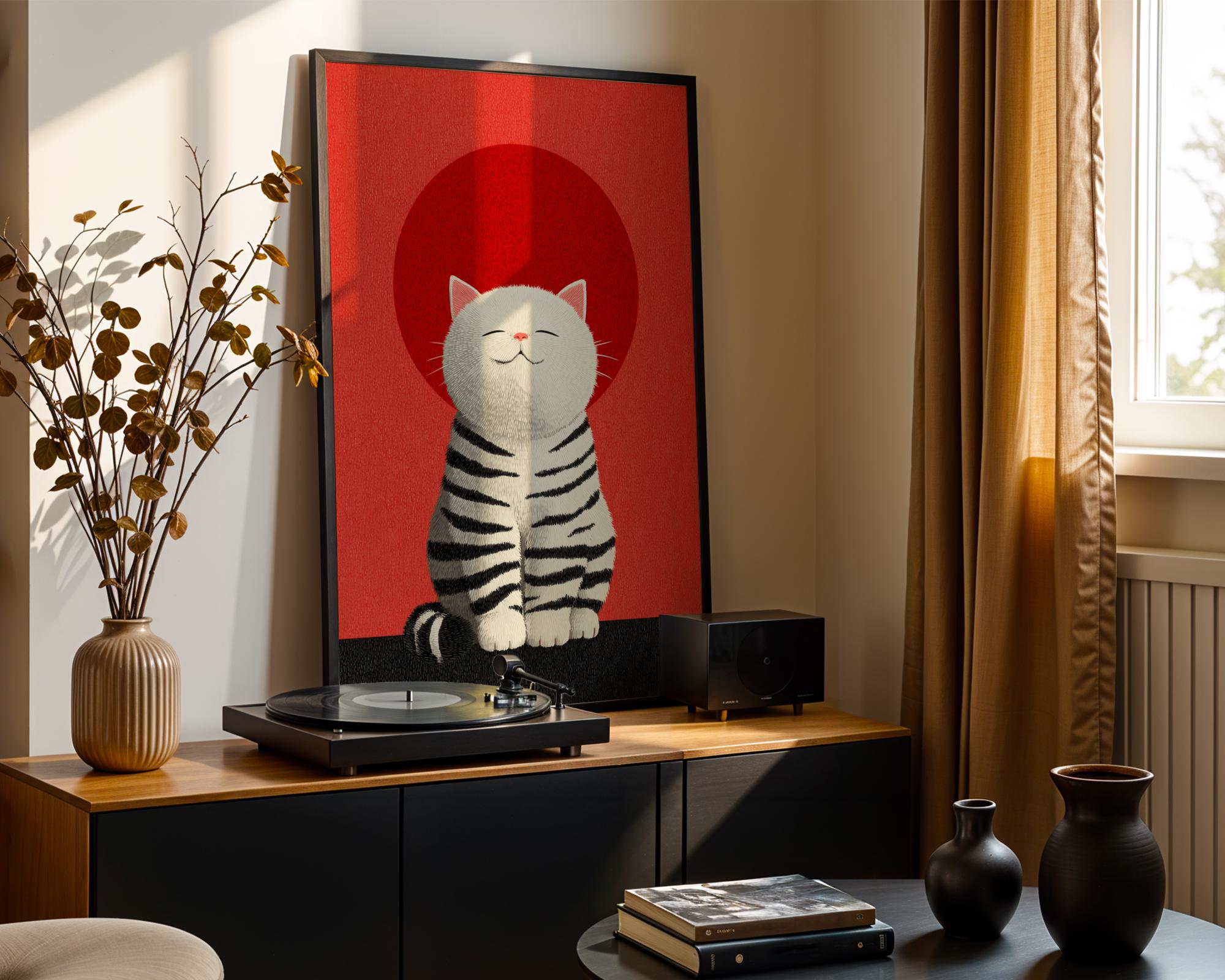 Japanese Cat Wall Art Poster – Cute Cat Illustration Print, Red Sun ...
