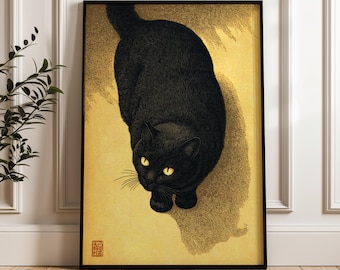 Muurposter met zwarte kat in Japanse stijl, minimalistisch dierenkunstwerk, esthetische kattendecoratie, moderne neutrale muurdecoratie, uniek cadeau voor kattenliefhebbers