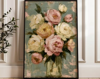 Moody Vintage Rose Wall Art, Antique Floral Print, Botanical Oil Painting Poster, Cottagecore Decor, Romantic Flower Art