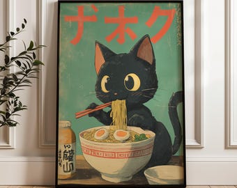 Cute Japanese Ramen Cat Poster, Kawaii Black Cat Eating Noodles, Vintage Japanese Food Wall Art, Anime Kitchen Decor Print