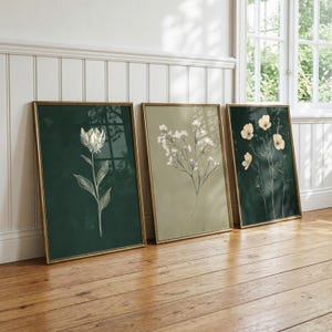 Könnte beinhalten: Drei gerahmte botanische Kunstdrucke. Jeder zeigt ein anderes Blumendesign in Weiß vor einem dunkelgrünen oder olivgrünen Hintergrund. Die Rahmen sind goldfarben und die Drucke lehnen an einer weißen Wand.