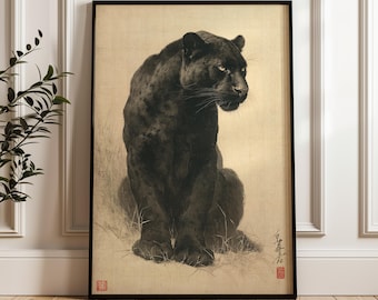 Black Panther Wall Art Poster Japanese Style Print, Minimalist Wild Cat Artwork, Vintage Ink Animal Illustration, Dark Aesthetic Decor