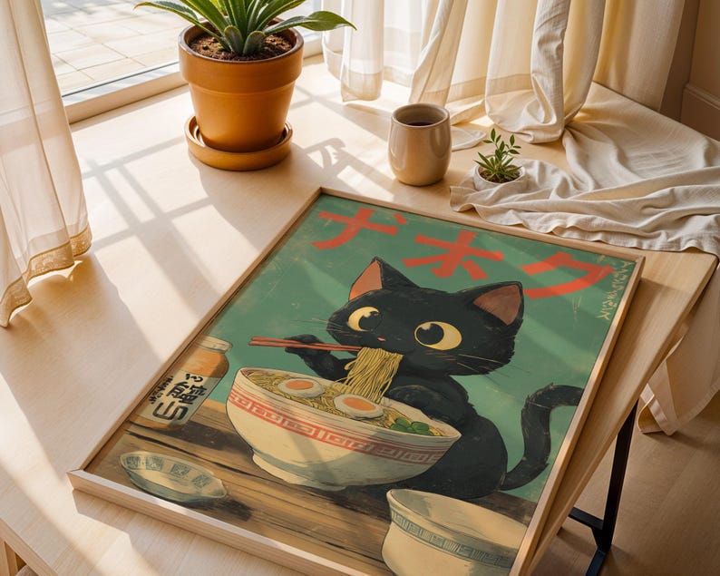 May include: A framed poster featuring a black cat enjoying ramen. The cat is depicted with large yellow eyes and is holding chopsticks. The poster has Japanese text and a vintage aesthetic. A bottle of sauce and a bowl are also visible.