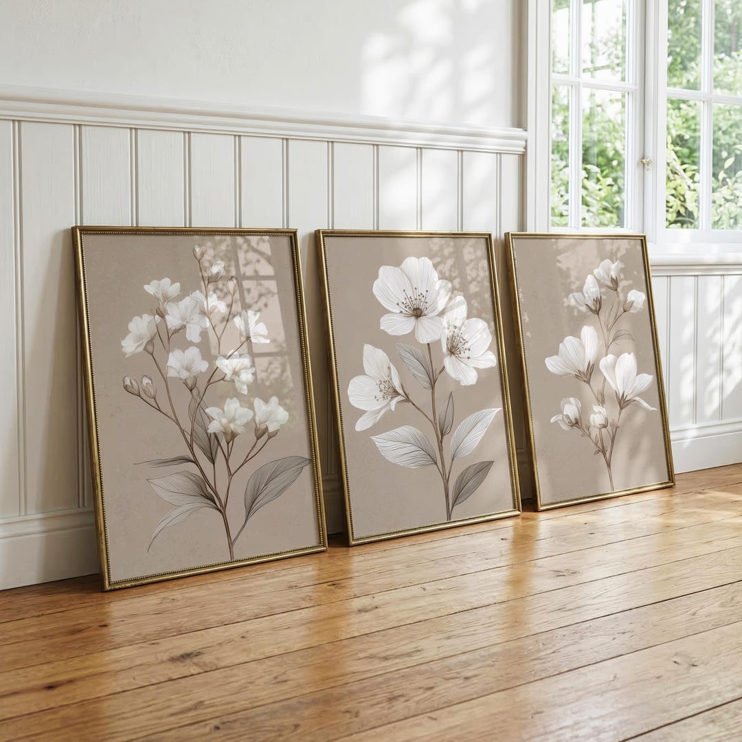 Beige Neutral Botanical Wall Art Set of 3, Minimalist Line Flower ...