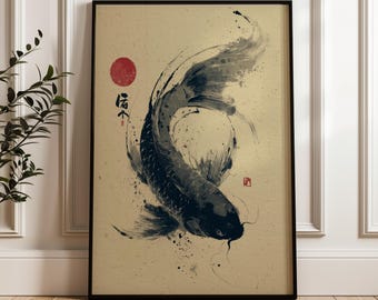 Japanese Koi Fish Poster, Sumi-e Ink Wall Art, Minimalist Zen Koi Painting Print, Asian Japanese Decor, Elegant Fish Artwork
