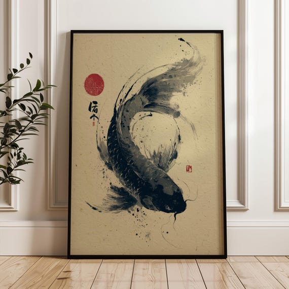 Japanese Koi Fish Poster, Sumi-e Ink Wall Art, Minimalist Zen Koi Painting Print, Asian Japanese Decor, Elegant Fish Artwork