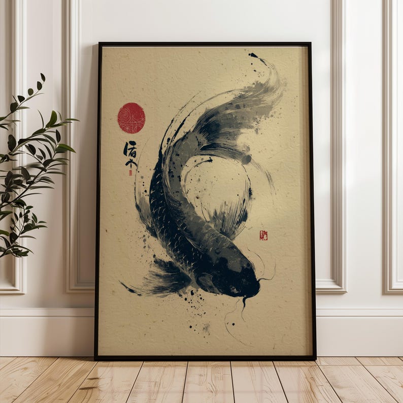 May include: Framed art print featuring a stylized black koi fish swimming upwards. The artwork has a traditional Japanese aesthetic, with a red sun and calligraphy on a beige background. The fish is rendered with brushstrokes.