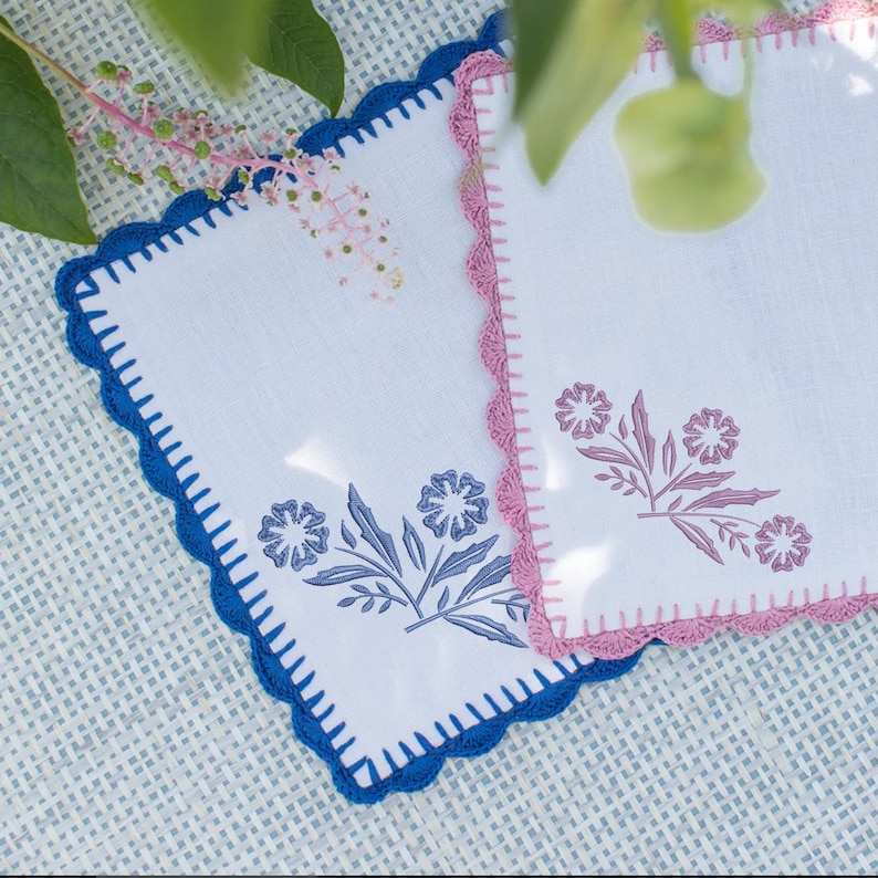 Pyrex Corningware Blue Cornflower Branch machine embroidery design embroidered on a napkin