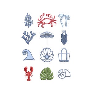 May include: A collection of twelve embroidered icons featuring a blue fern, a red crab, a blue bow, blue coral, a blue beach umbrella, a blue one-piece swimsuit, a blue wave, a blue seashell with a pearl, a blue tote bag, a red lobster, a green leaf, and a blue nautilus shell.