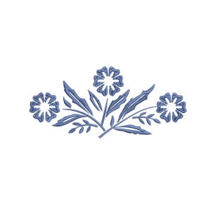 May include: A blue floral embroidery design featuring three stylized flowers and several leaves. The design is symmetrical, with a central cluster of leaves and flowers flanked by two additional flowers. The embroidery is detailed and delicate.