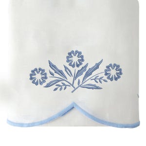 Pyrex Corningware Blue Cornflower Branch machine embroidery design embroidered on a towel hem
