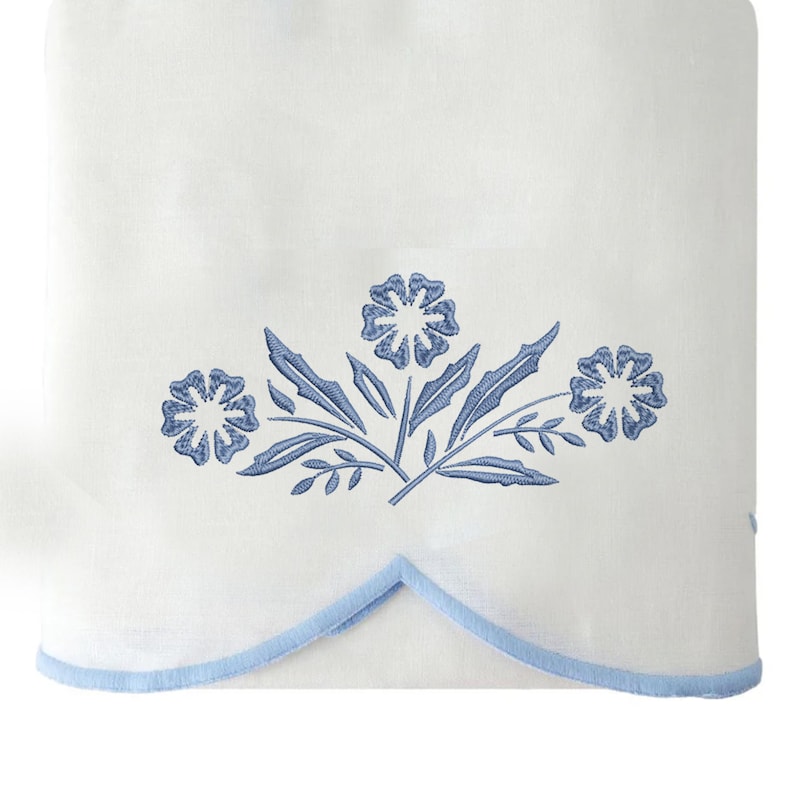 Pyrex Corningware Blue Cornflower Branch machine embroidery design embroidered on a towel hem