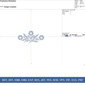 May include: A production worksheet for an embroidery design, featuring a floral motif with three stylized flowers and leaves. The design is in blue and includes technical details like stitch count (4,009), height (38.8 mm), and width (85.2 mm).
