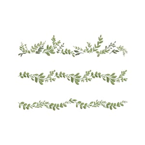 May include: Three decorative green leaf borders against a white backdrop. Each border showcases a unique arrangement of leaves and stems, forming a natural, organic design. The leaves vary in size and shape, enhancing the visual appeal of the composition.