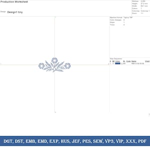 May include: A production worksheet for an embroidery design, featuring a floral motif in blue thread. The design is labeled "Design1 tiny" and includes stitch count, dimensions (27.2 mm height, 59.7 mm width), and color information. The bottom of the image displays embroidery file formats.