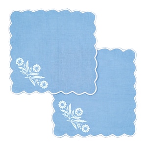 Pyrex Corningware Blue Cornflower Branch machine embroidery design embroidered on a cocktail napkin