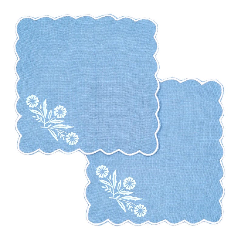 Pyrex Corningware Blue Cornflower Branch machine embroidery design embroidered on a cocktail napkin