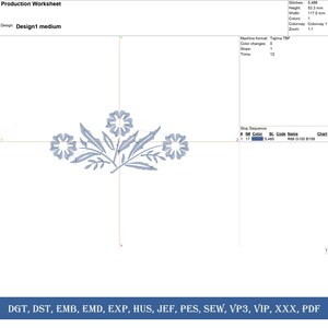 May include: A production worksheet for an embroidery design. The design features a floral motif with three stylized flowers and leaves in shades of blue. The design is 53.3 mm high and 117.0 mm wide.