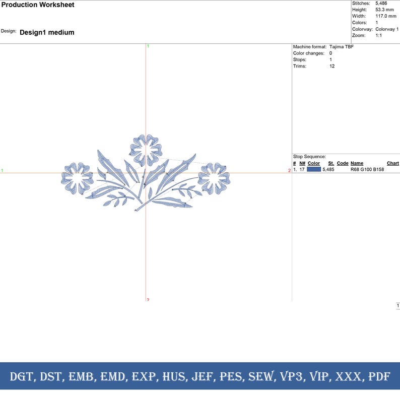 May include: A production worksheet for an embroidery design. The design features a floral motif with three stylized flowers and leaves in shades of blue. The design is 53.3 mm high and 117.0 mm wide.