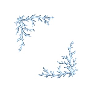May include: An embroidery design featuring two symmetrical corner accents composed of light blue coral-like branches. The intricate stitching creates a textured, organic pattern that mimics the appearance of sea coral, arranged to frame a space.