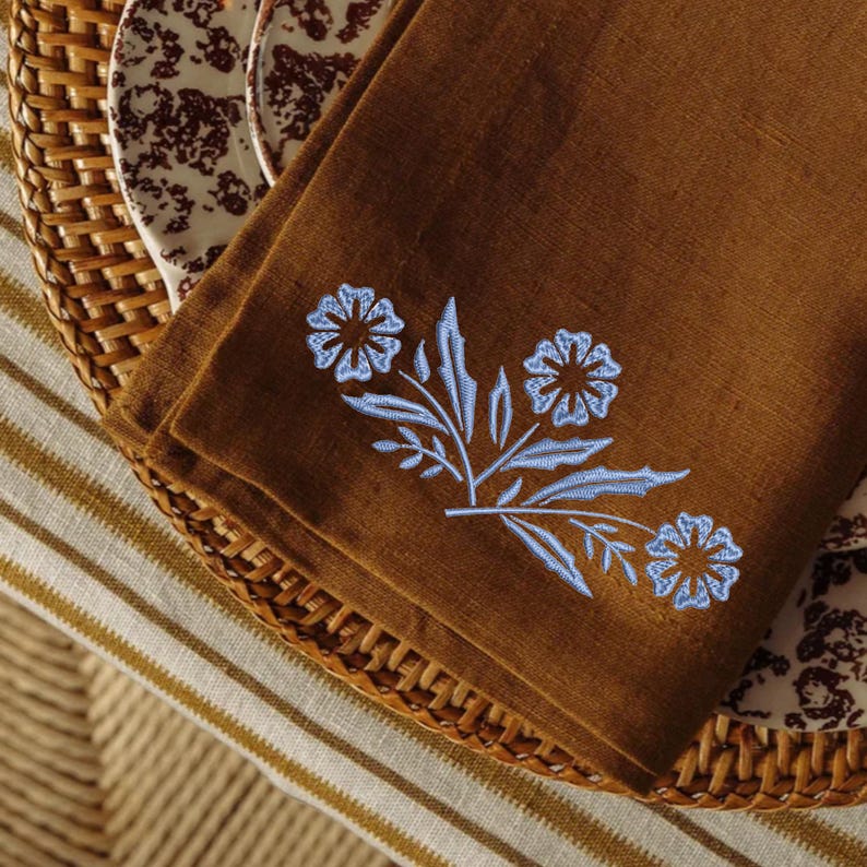 Pyrex Corningware Blue Cornflower Branch machine embroidery design embroidered on a kitchen towel