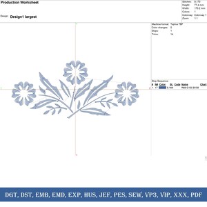 May include: A production worksheet for an embroidery design, featuring a floral motif with three stylized flowers and leaves in shades of blue. The design is 170.2 mm wide and 77.4 mm high. Includes file formats DGT, DST, EMB, EMD, EXP, HUS, JEF, PES, SEW, VP3, VIP, XXX, PDF.