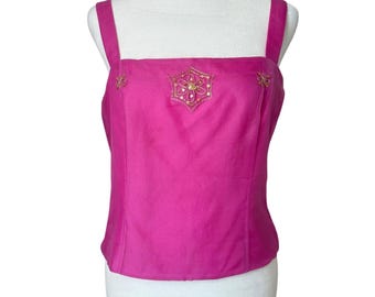 Y2K 100% silk pink camisole tank top gold embroidered sequins Vintage Size 8