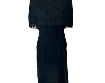 1980's Vintage Pia Rucci Flapper Fringe Suede Sheath Dress Statement Shoulders