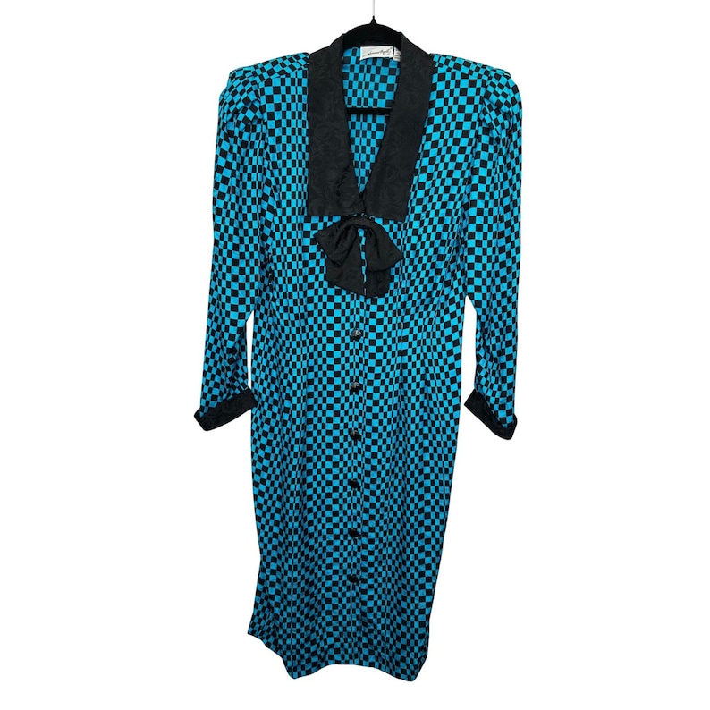 Adrianna Papell 80s 90s Silk Checkerboard Dress Teal Black Bow Vintage Size 14 image 3