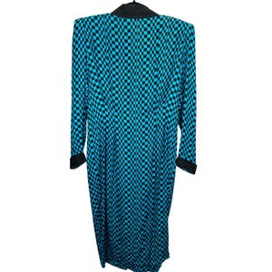 Adrianna Papell 80s 90s Silk Checkerboard Dress Teal Black Bow Vintage Size 14 image 7