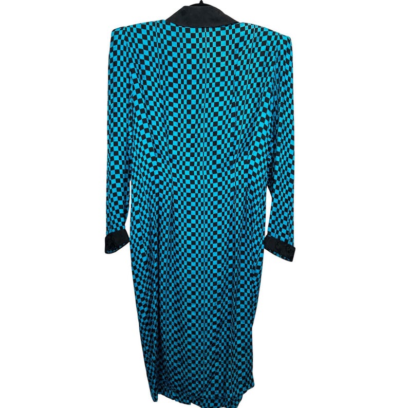 Adrianna Papell 80s 90s Silk Checkerboard Dress Teal Black Bow Vintage Size 14 image 7
