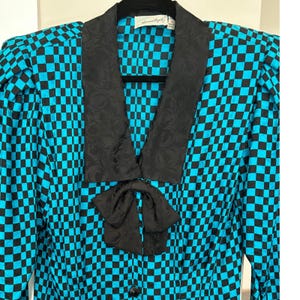 Adrianna Papell 80s 90s Silk Checkerboard Dress Teal Black Bow Vintage Size 14 image 4