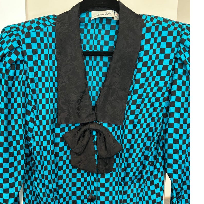 Adrianna Papell 80s 90s Silk Checkerboard Dress Teal Black Bow Vintage Size 14 image 4