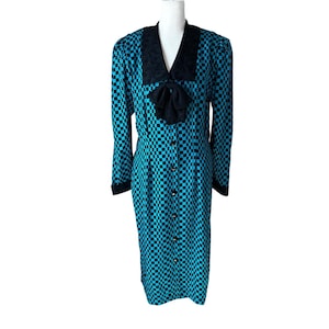 Adrianna Papell 80s 90s Silk Checkerboard Dress Teal Black Bow Vintage Size 14 image 1
