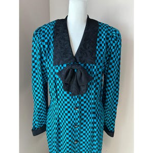 Adrianna Papell 80s 90s Silk Checkerboard Dress Teal Black Bow Vintage Size 14 image 2