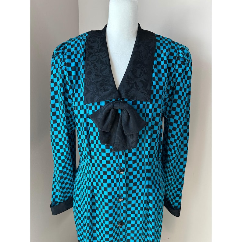 Adrianna Papell 80s 90s Silk Checkerboard Dress Teal Black Bow Vintage Size 14 image 2