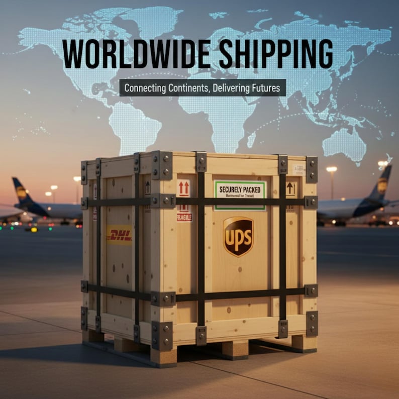 May include: A large wooden shipping crate with metal corner brackets and black straps. The crate has a UPS logo and a "Securely Packed" sticker. The words "WORLDWIDE SHIPPING" and "Connecting Continents, Delivering Futures" are displayed above the crate.