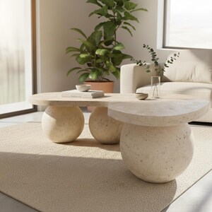 May include: Two beige stone coffee tables with rounded bases and oval tops. One table has a half-circle top. A beige rug is beneath the tables. A plant in a terracotta pot and a white sofa are in the background.