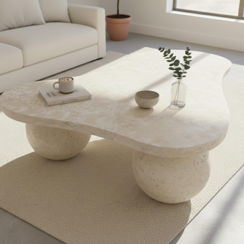 May include: A cream-colored, organically shaped coffee table with two rounded pedestal bases. The table surface holds a small bowl, a book, a mug, and a glass vase with greenery. The table sits on a light beige rug.
