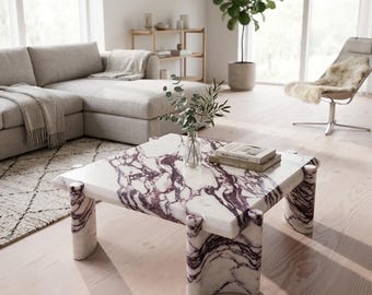 Mesa de centro em mármore Calacatta Viola | Mesa de centro escultural feita à mão | Mobiliário moderno e abstrato para sala de estar