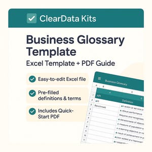Op de afbeelding: Een teal en witte afbeelding die een "Business Glossary Template" promoot met een Excel-bestand en een PDF-gids. De afbeelding benadrukt functies zoals eenvoudig bewerken, vooraf ingevulde definities en een snelle start-PDF.