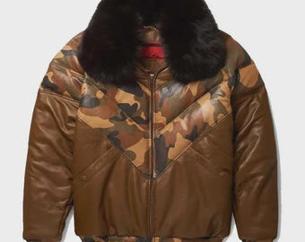 Chaqueta bomber de cuero marrón para hombre