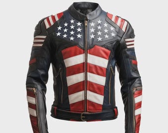 Men American Flag Casual Zipper Real Leather Jacket